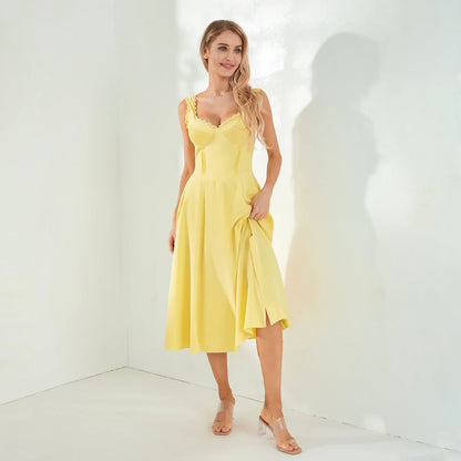 Midi Dresses- Lace-Up Solid A-Line Bustier Tea Dress with Slit Side- Yellow- Pekosa Women Fashion