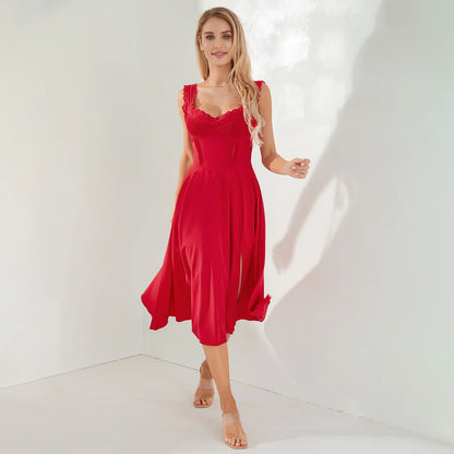 Midi Dresses- Lace-Up Solid A-Line Bustier Tea Dress with Slit Side- Red- Pekosa Women Fashion