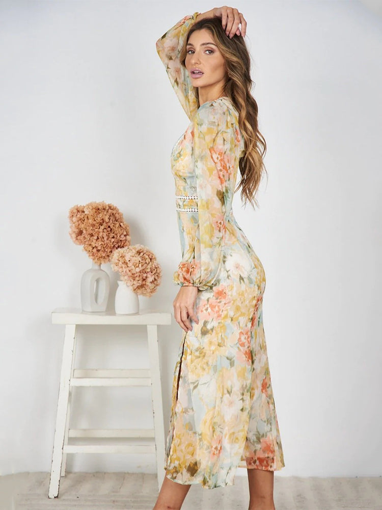 Midi Dresses - Pastel Floral Print Midi Dress with Embellished Trim