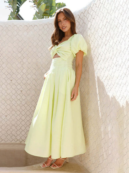 Midi Dresses - Pastel Yellow Midi Dress with Sweetheart Neckline & Puff Sleeves