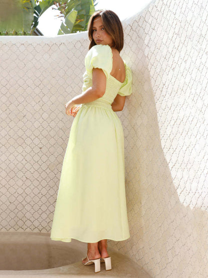 Midi Dresses - Pastel Yellow Midi Dress with Sweetheart Neckline & Puff Sleeves