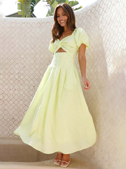 Midi Dresses - Pastel Yellow Midi Dress with Sweetheart Neckline & Puff Sleeves