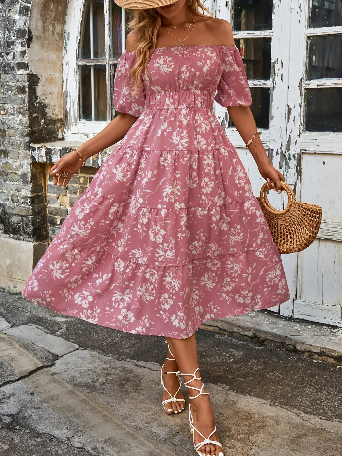 Midi Dresses- Pink Floral Whisper Ruffle Midi Dress