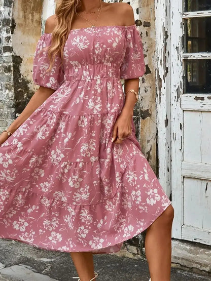 Midi Dresses- Pink Floral Whisper Ruffle Midi Dress