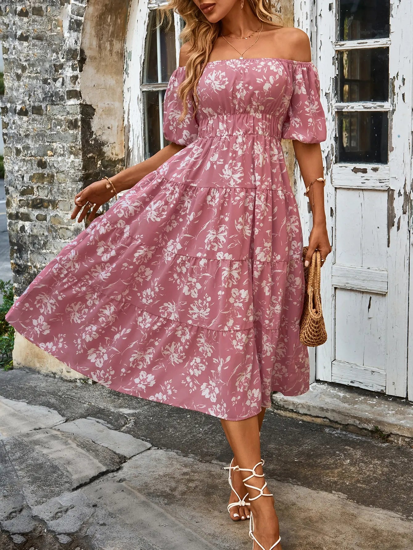 Midi Dresses- Pink Floral Whisper Ruffle Midi Dress