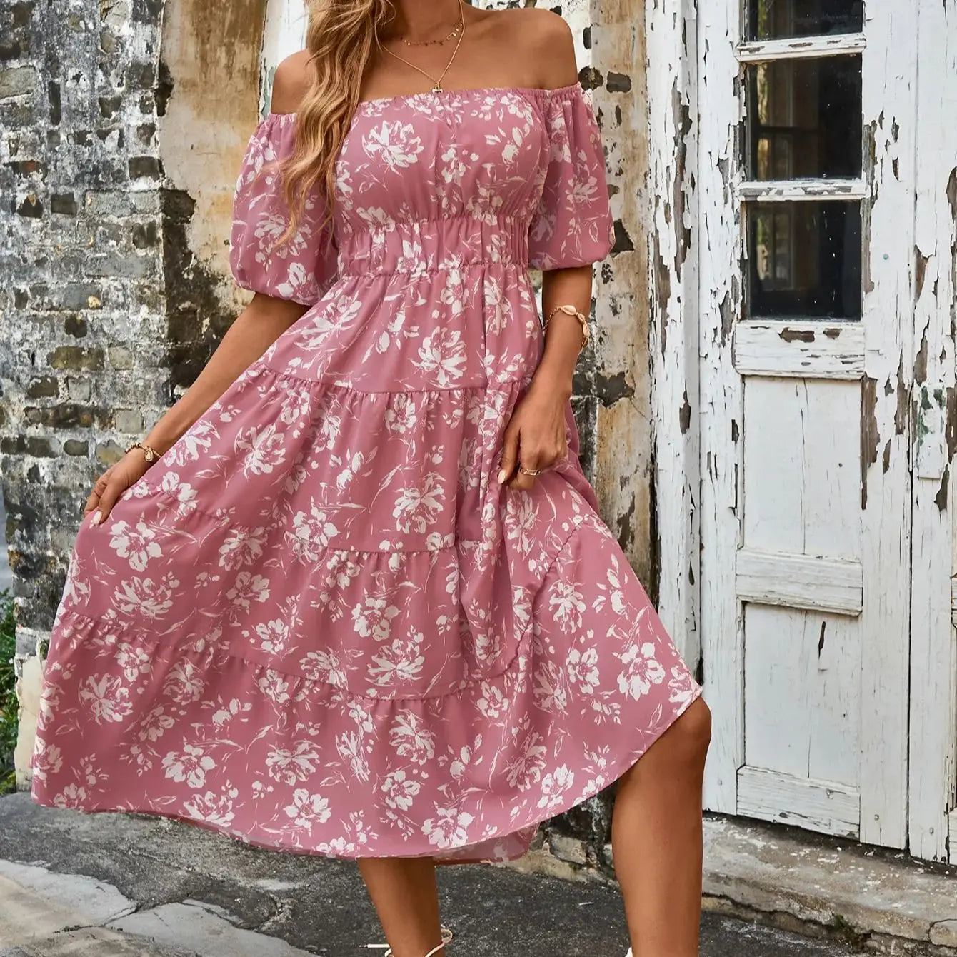 Midi Dresses- Pink Floral Whisper Ruffle Midi Dress