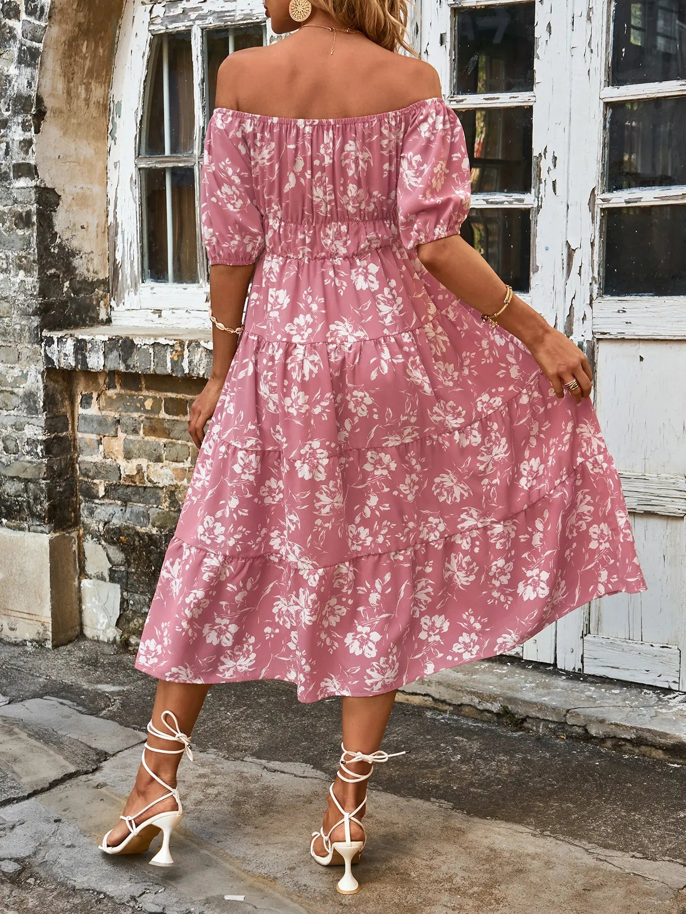 Midi Dresses- Pink Floral Whisper Ruffle Midi Dress