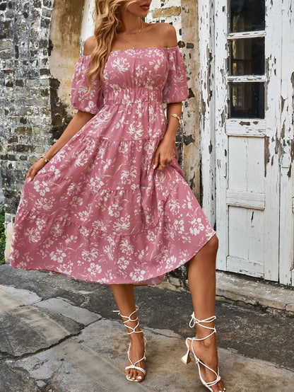 Midi Dresses- Pink Floral Whisper Ruffle Midi Dress