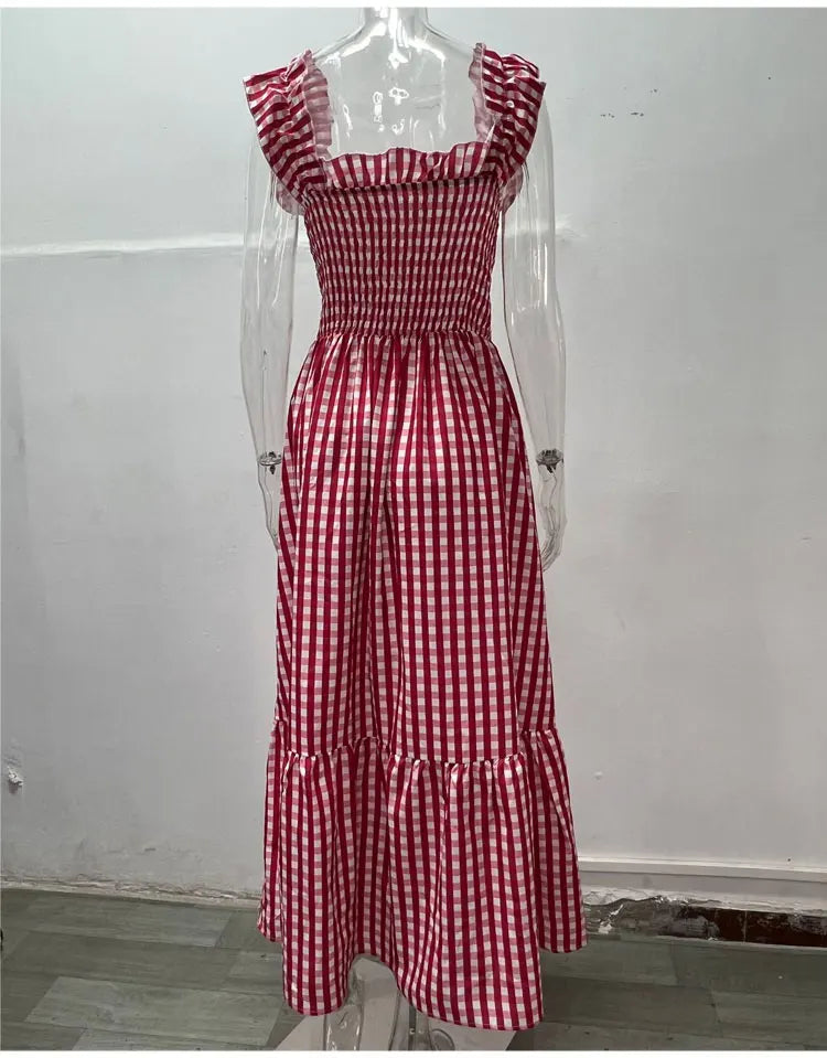 Midi Dresses- Plaid Square Neck Gingham Midi Dress- - Pekosa Women Fashion