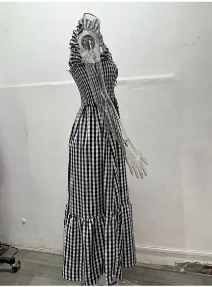 Midi Dresses- Plaid Square Neck Gingham Midi Dress- - Pekosa Women Fashion