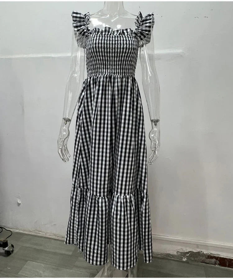 Midi Dresses- Plaid Square Neck Gingham Midi Dress- - Pekosa Women Fashion