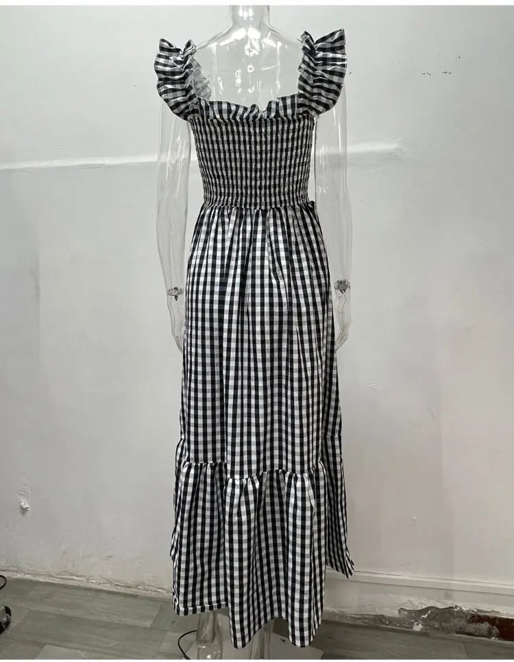 Midi Dresses- Plaid Square Neck Gingham Midi Dress- - Pekosa Women Fashion