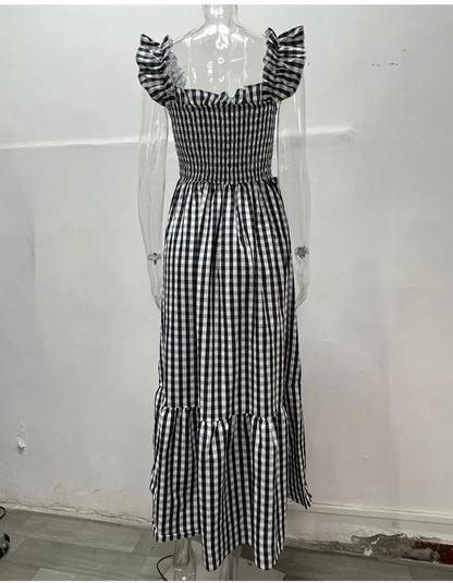 Midi Dresses- Plaid Square Neck Gingham Midi Dress- - Pekosa Women Fashion