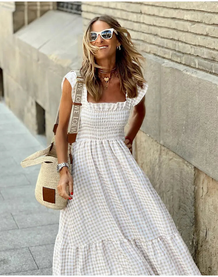 Midi Dresses- Plaid Square Neck Gingham Midi Dress- - Pekosa Women Fashion