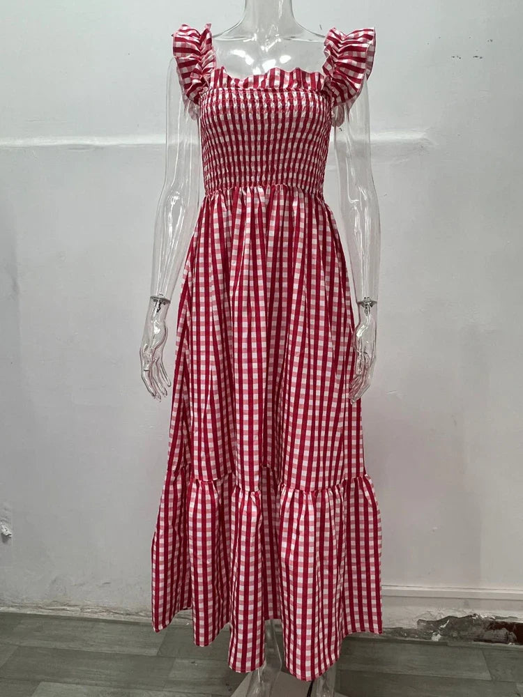 Midi Dresses- Plaid Square Neck Gingham Midi Dress- Red- Pekosa Women Fashion