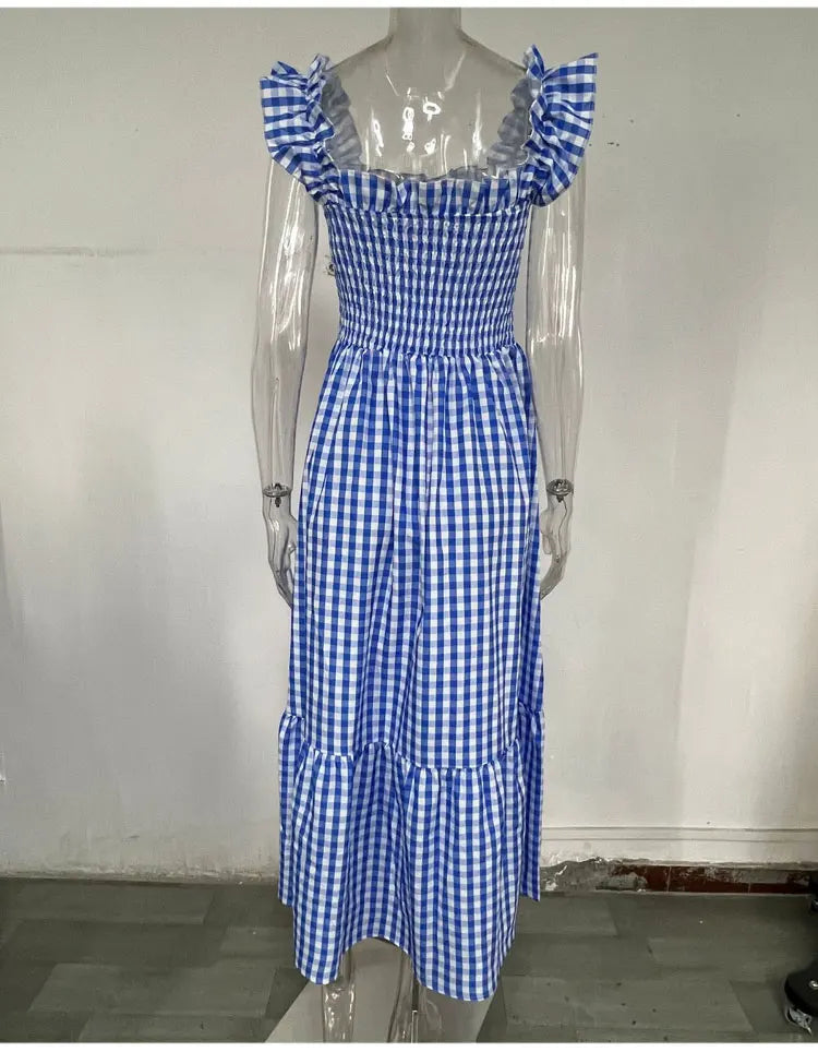 Midi Dresses- Plaid Square Neck Gingham Midi Dress- - Pekosa Women Fashion