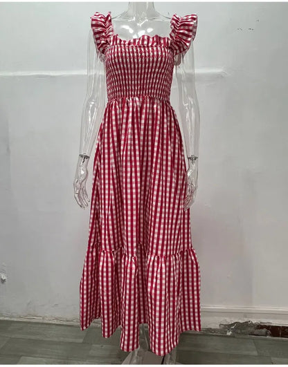 Midi Dresses- Plaid Square Neck Gingham Midi Dress- - Pekosa Women Fashion