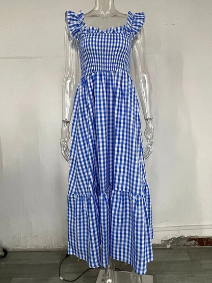 Midi Dresses- Plaid Square Neck Gingham Midi Dress- Blue- Pekosa Women Fashion