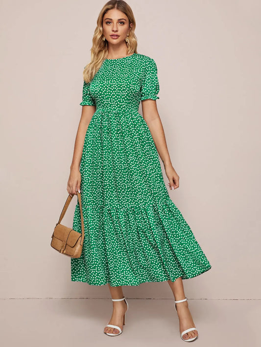 Midi Dresses- Polka Dot Must-Have Green Midi Dress for Women- - Chuzko Women Clothing