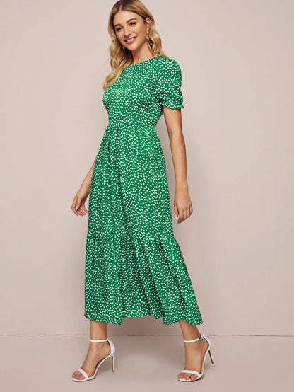 Midi Dresses- Polka Dot Must-Have Green Midi Dress for Women- - Chuzko Women Clothing