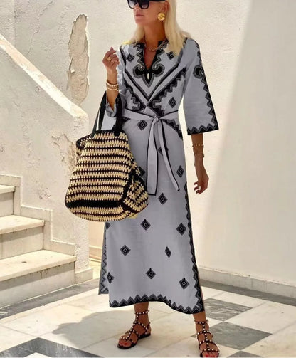 Midi Dresses- Retro Middle Eastern Geometric Print Cotton Robe Dress