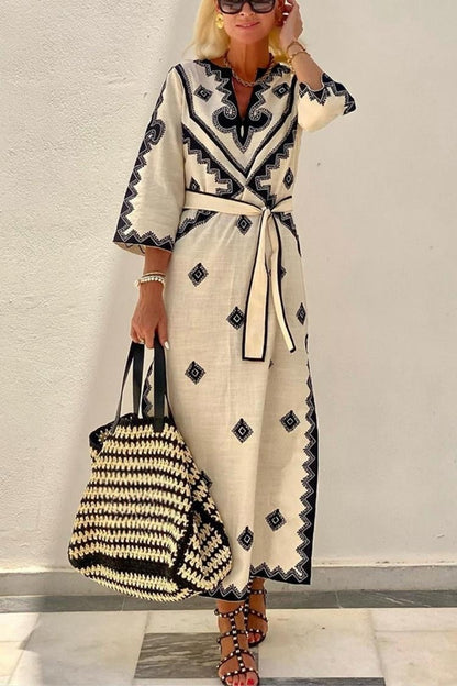 Midi Dresses- Retro Middle Eastern Geometric Print Cotton Robe Dress