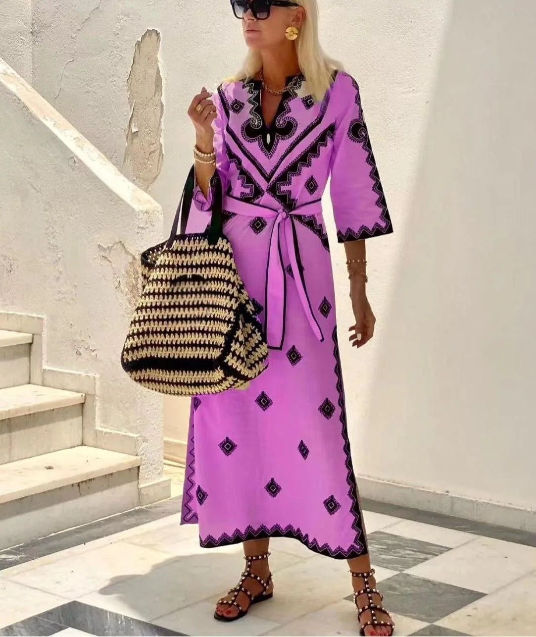 Midi Dresses- Retro Middle Eastern Geometric Print Cotton Robe Dress