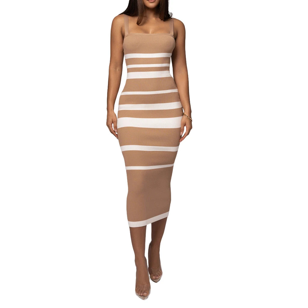 Midi Dresses - Ribbed Stripe Suspender Dress – Casual to Evening Wear