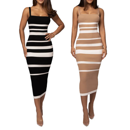 Midi Dresses - Ribbed Stripe Suspender Dress – Casual to Evening Wear