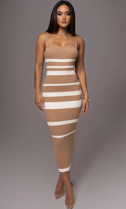 Midi Dresses - Ribbed Stripe Suspender Dress – Casual to Evening Wear