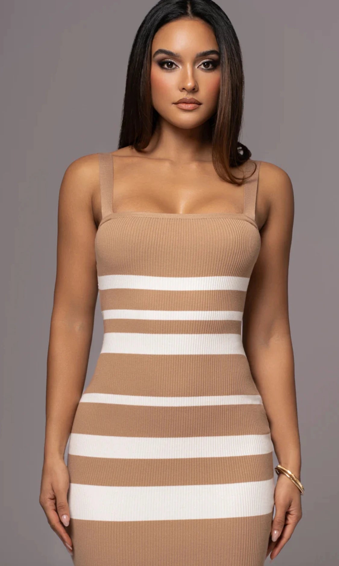 Midi Dresses - Ribbed Stripe Suspender Dress – Casual to Evening Wear