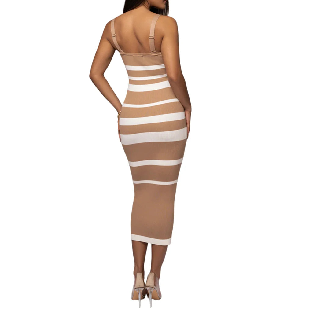 Midi Dresses - Ribbed Stripe Suspender Dress – Casual to Evening Wear