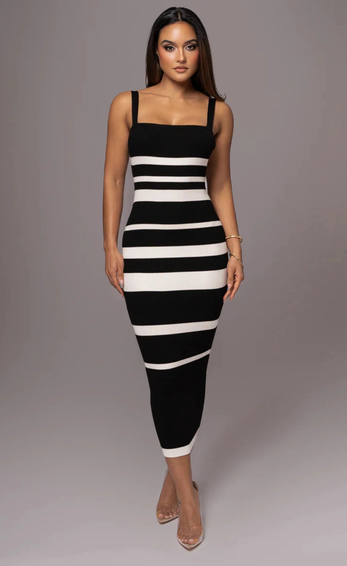 Midi Dresses - Ribbed Stripe Suspender Dress – Casual to Evening Wear