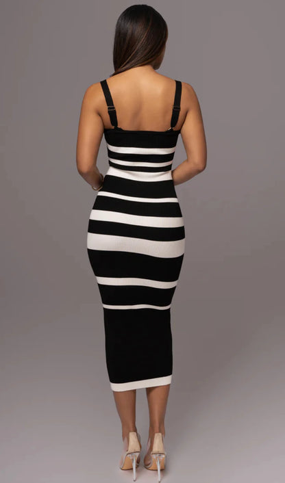 Midi Dresses - Ribbed Stripe Suspender Dress – Casual to Evening Wear