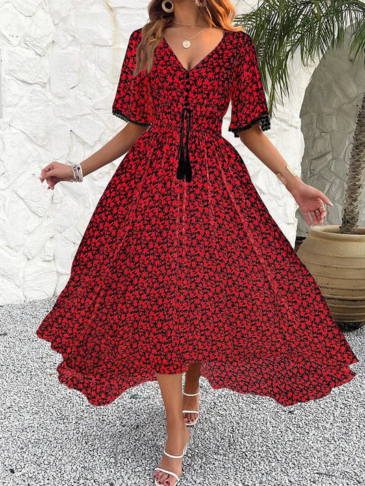 Midi Dresses- Romantic Fling Floral Midi Dress with Cinched Waist- Red- Pekosa Women Fashion