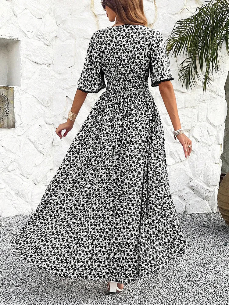 Midi Dresses- Romantic Fling Floral Midi Dress with Cinched Waist- - Pekosa Women Fashion