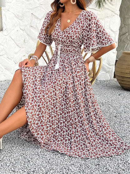 Midi Dresses- Romantic Fling Floral Midi Dress with Cinched Waist- - Pekosa Women Fashion