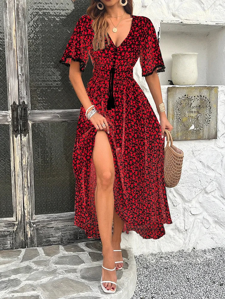 Midi Dresses- Romantic Fling Floral Midi Dress with Cinched Waist- - Pekosa Women Fashion