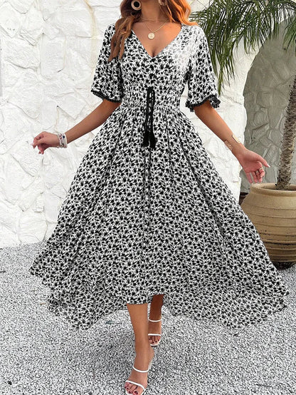 Midi Dresses- Romantic Fling Floral Midi Dress with Cinched Waist- Black- Pekosa Women Fashion