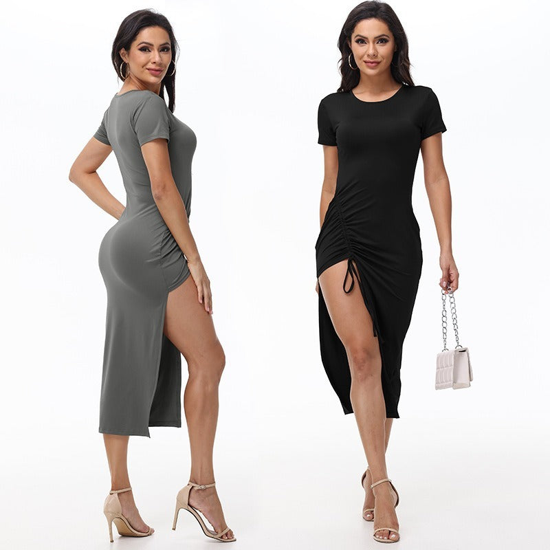 Midi Dresses - Ruched Side-Slit Bodycon Midi Dress – Perfect for Dates