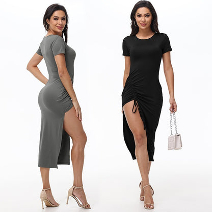 Midi Dresses - Ruched Side-Slit Bodycon Midi Dress – Perfect for Dates