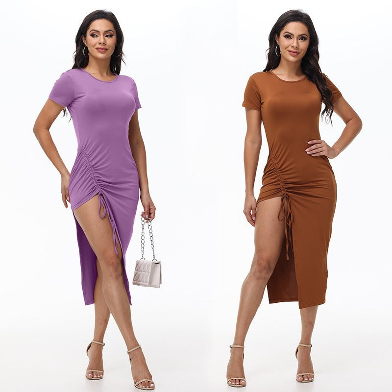 Midi Dresses - Ruched Side-Slit Bodycon Midi Dress – Perfect for Dates