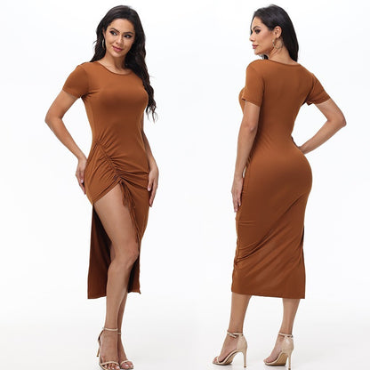 Midi Dresses - Ruched Side-Slit Bodycon Midi Dress – Perfect for Dates