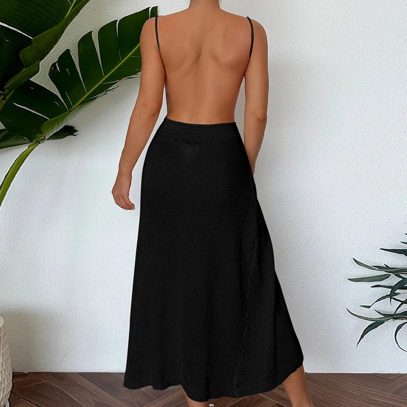 Midi Dresses- Sexy See-Through Backless Wrap Midi Dress for Summer