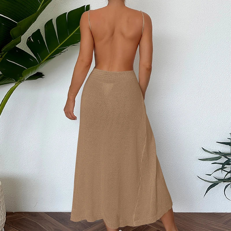 Midi Dresses- Sexy See-Through Backless Wrap Midi Dress for Summer