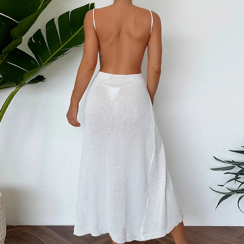 Midi Dresses- Sexy See-Through Backless Wrap Midi Dress for Summer