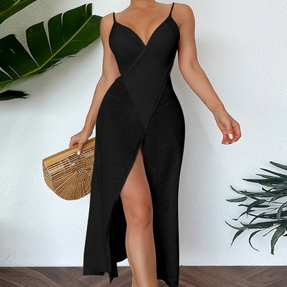 Midi Dresses- Sexy See-Through Backless Wrap Midi Dress for Summer