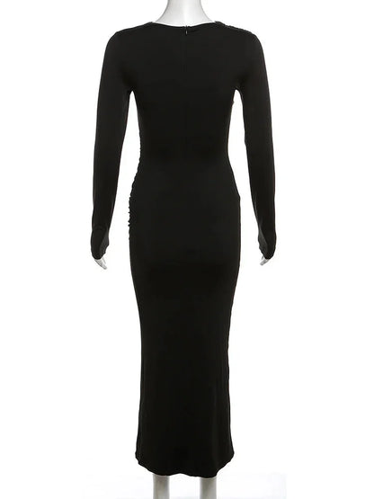 Midi Dresses - Sleek Noir Ruche Evening Midi Dress