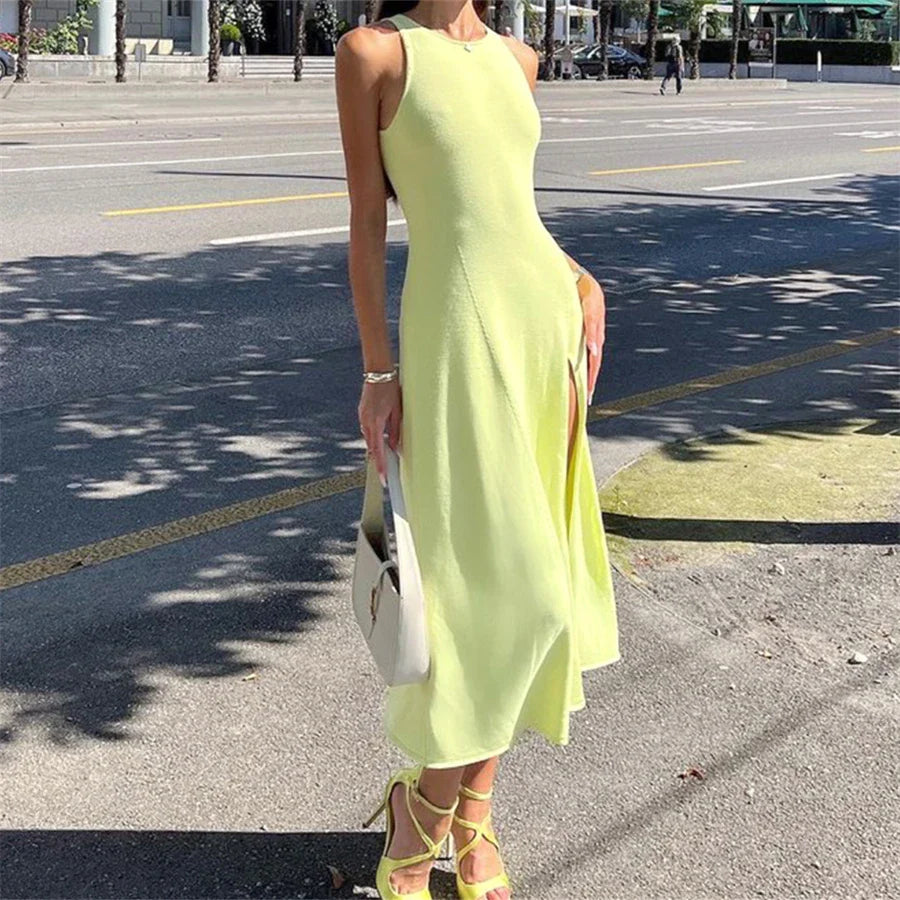 Midi Dresses- Solid Sleeveless A-Line Midi Dress with Slit for Summer- Green- Pekosa Women Fashion