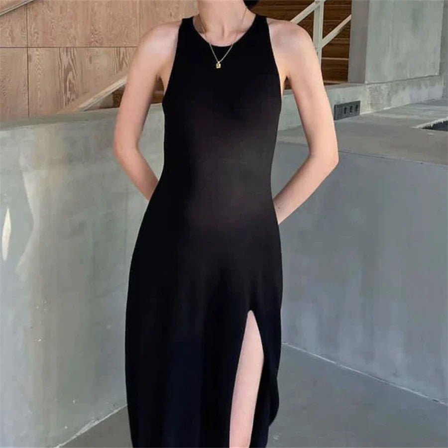 Midi Dresses- Solid Sleeveless A-Line Midi Dress with Slit for Summer- Black- Pekosa Women Fashion